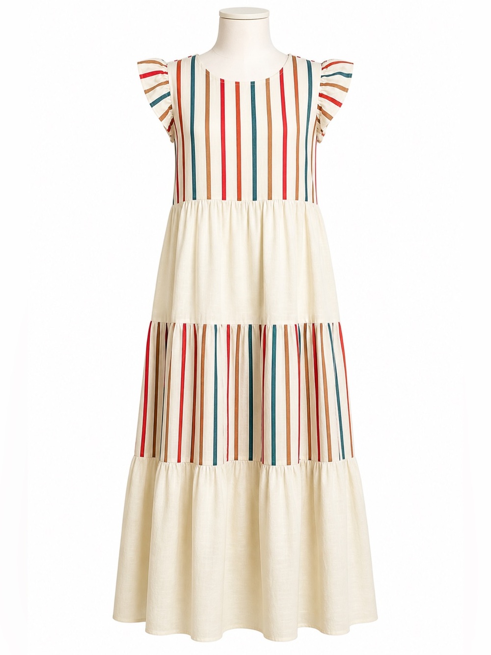 Margaux Riviera Tiered Midi/Maxi Dress Stripe Boho Flutter Sleeve Coastal Size L